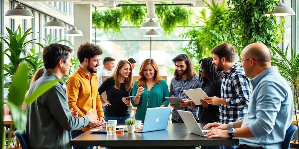 Diverse entrepreneurs collaborating in a modern workspace.