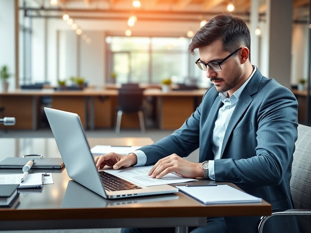 Avocat la laptop, birou modern, tehnologie juridică.