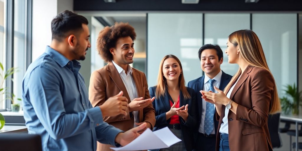 Diverse professionals discussing finance in a modern office.