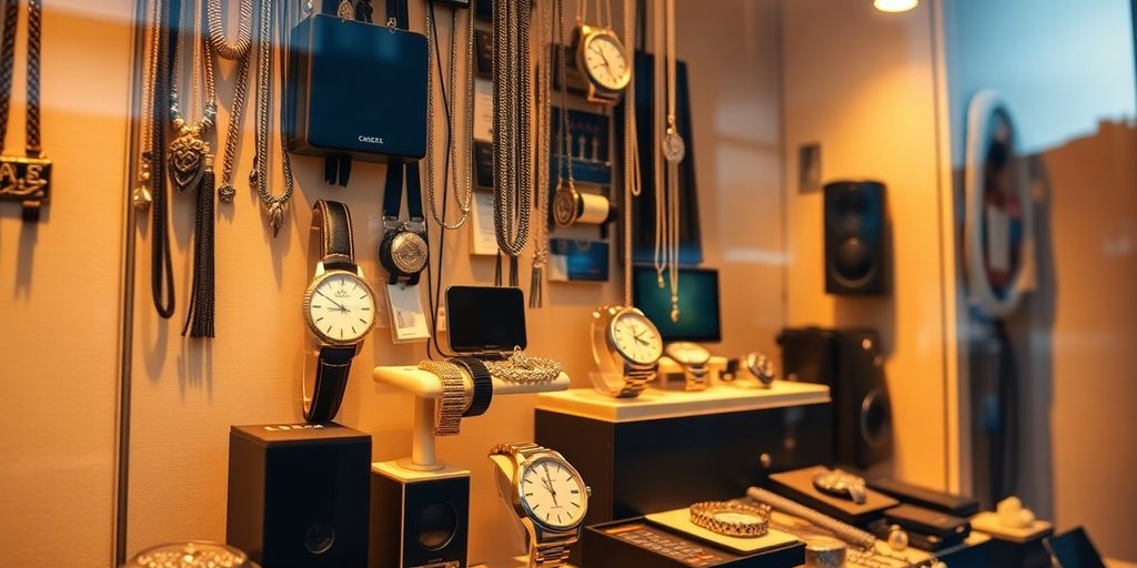 Vitrine d'un prêteur sur gage avec des objets précieux.
