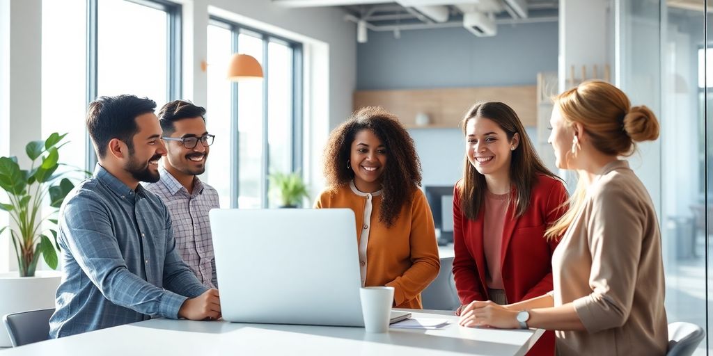 Happy diverse employees collaborating in modern office.