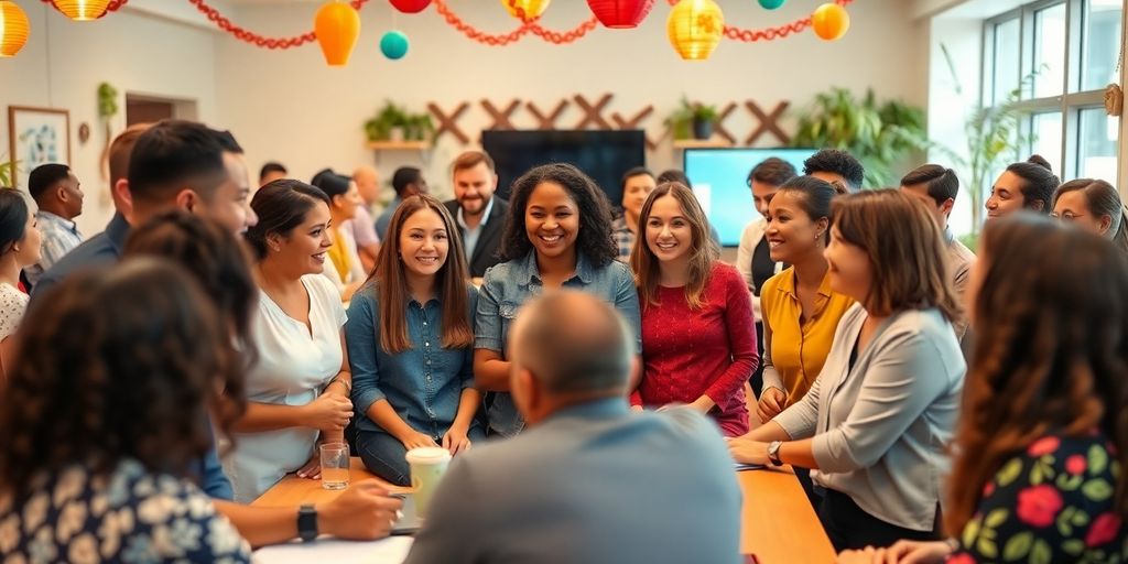 Diverse team collaborating in an engaging meeting environment.