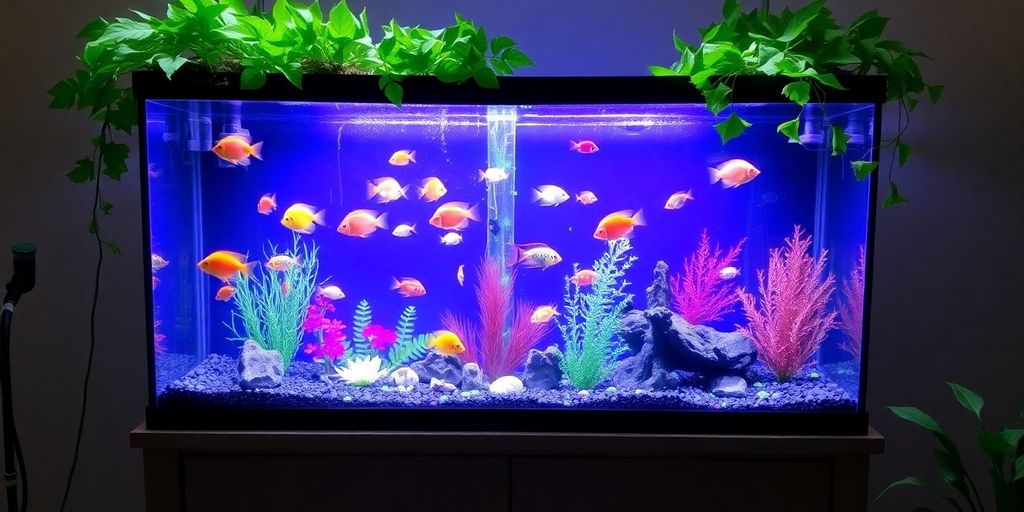Freshwater aquarium with colorful fish and green plants.