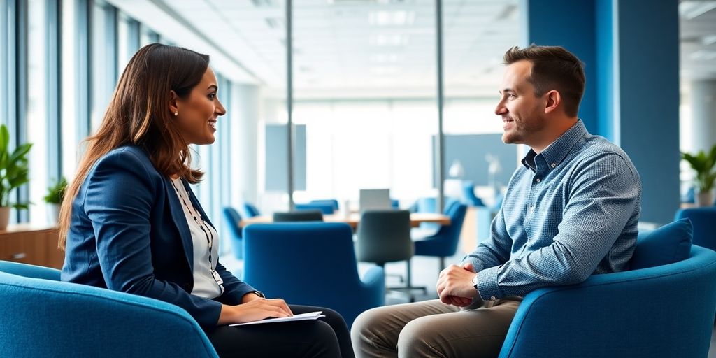 Fachkräfte in Regensburg via Zeitarbeit: Schnelle Hilfe bei Engpässen Bürointerview zwischen Recruiter und Kandidat im modernen Stil.