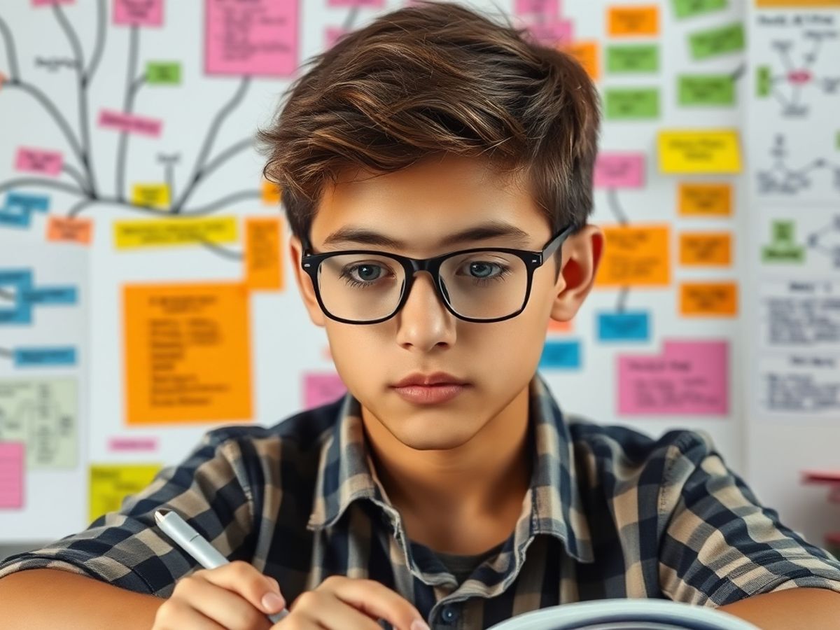 Student studying with colorful visualization techniques and mind maps.
