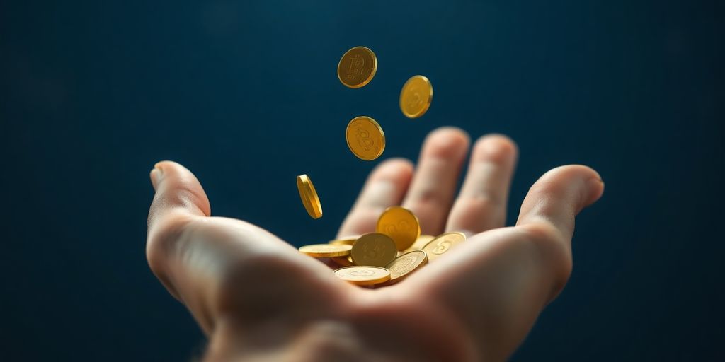 Coins falling into a glowing, open hand.