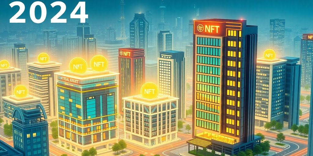 Futuristic cityscape with digital buildings and nft icons.