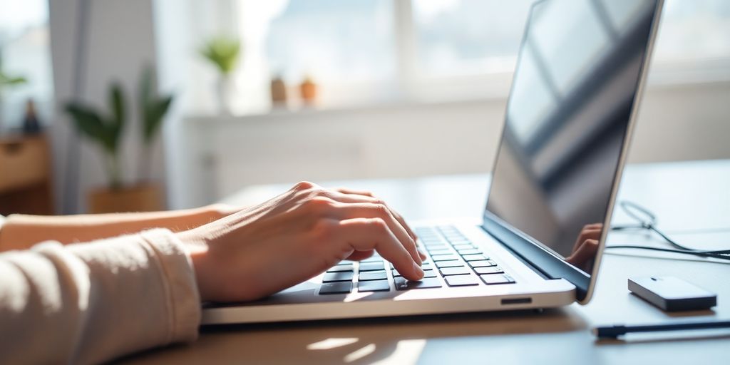 Person typing on laptop in a bright workspace.