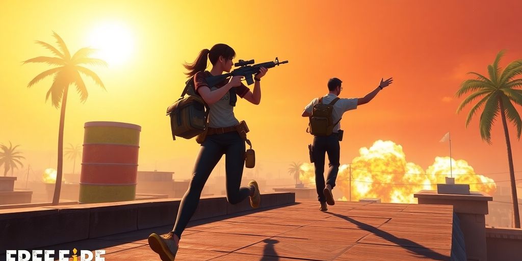 Two armed characters on Indian rooftop battlefield under orange sky