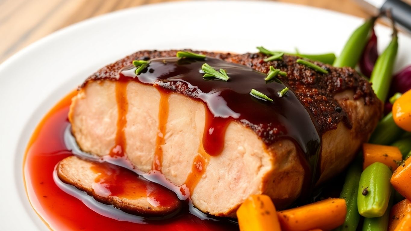 Lombo suíno com molho de vinho do Porto e legumes.