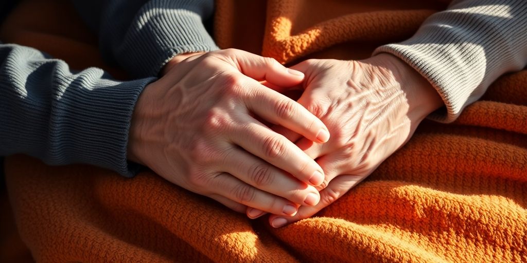 Carer gently holding dementia patient's hand. Dementia care at home. Dementia care tips 