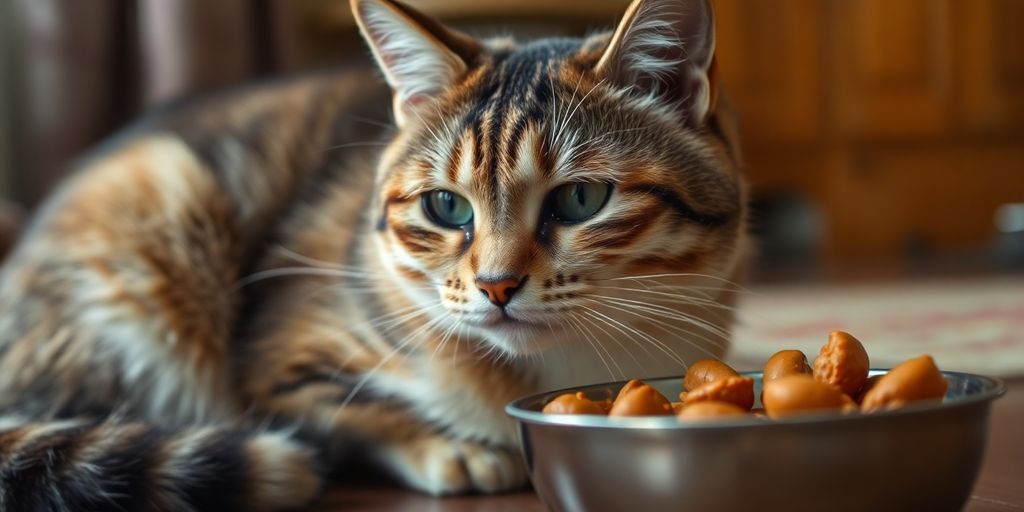 Котка с тъжен вид до чиния с храна.