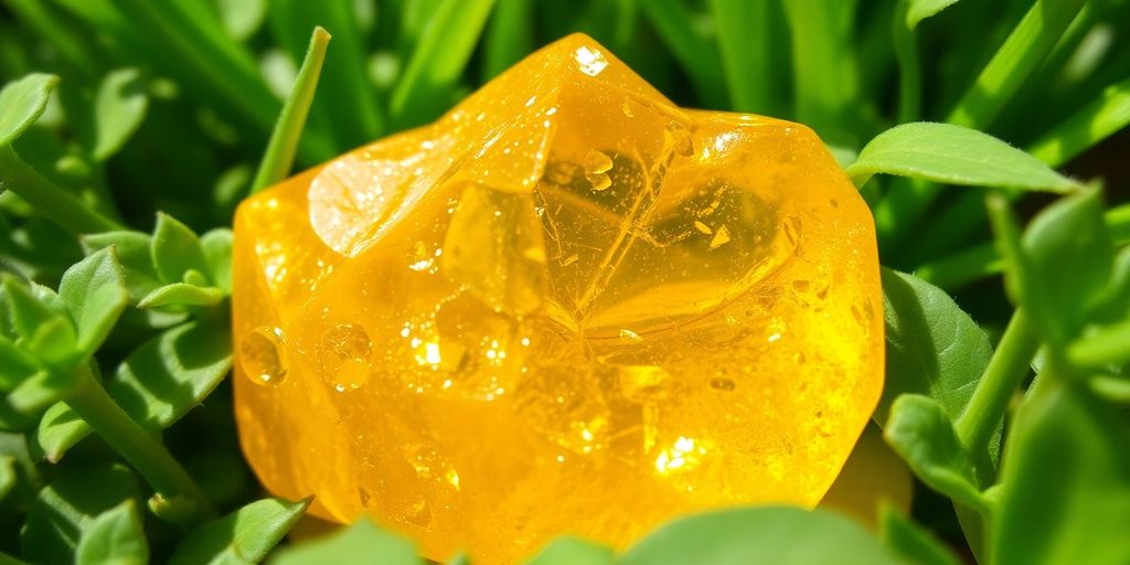 Prisma di quarzo citrino su sfondo verde.