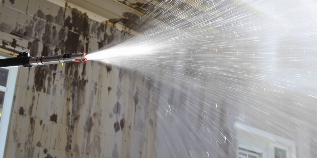 Pressure washing cleaning dirty house exterior.