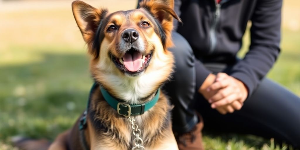 Happy dog and owner training outdoors.
