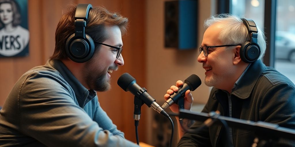 Podcast host interviewing guest with microphones.