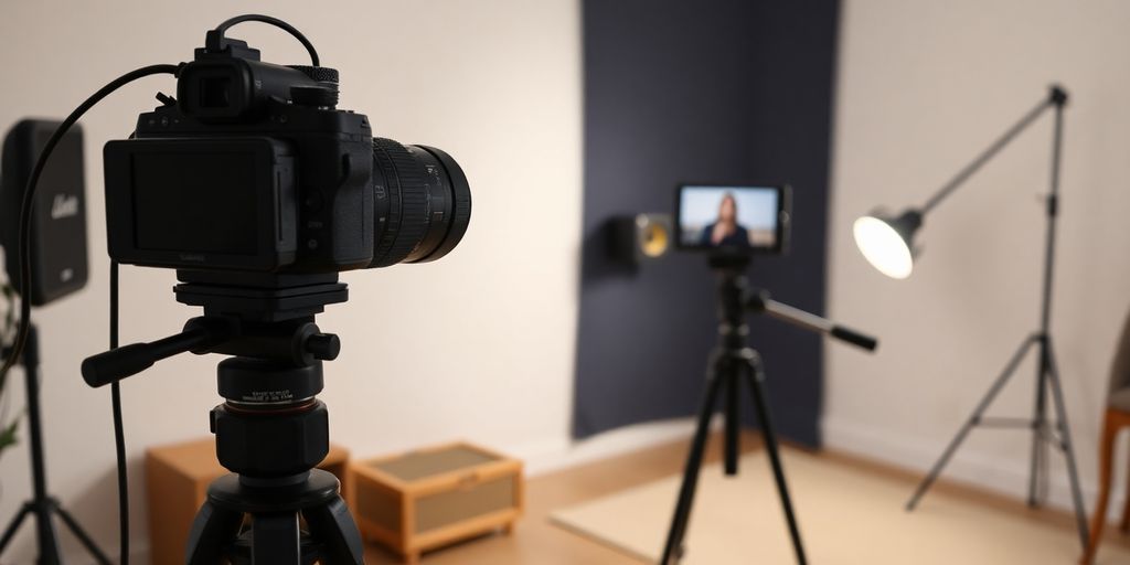 Well-lit room with camera and microphone for video lessons.