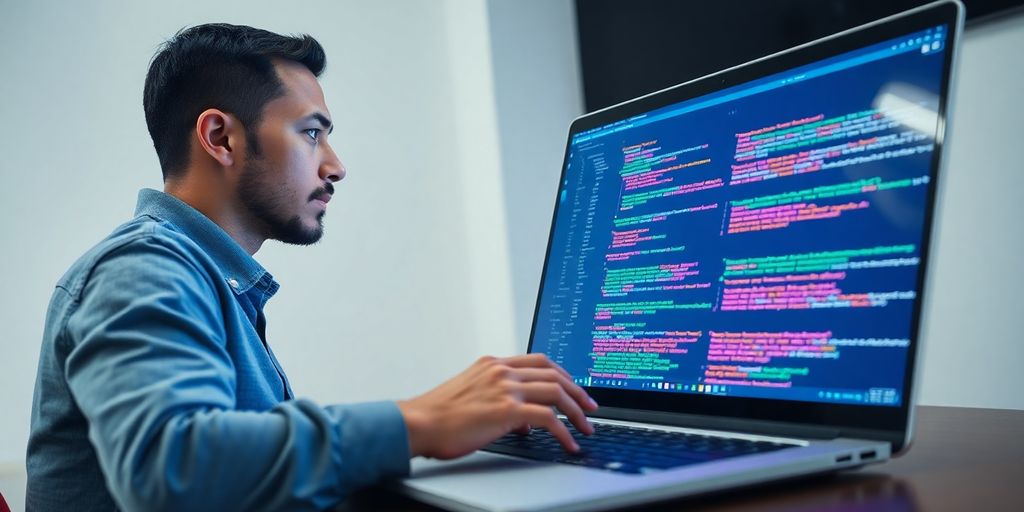 JavaScript developer coding on a laptop.