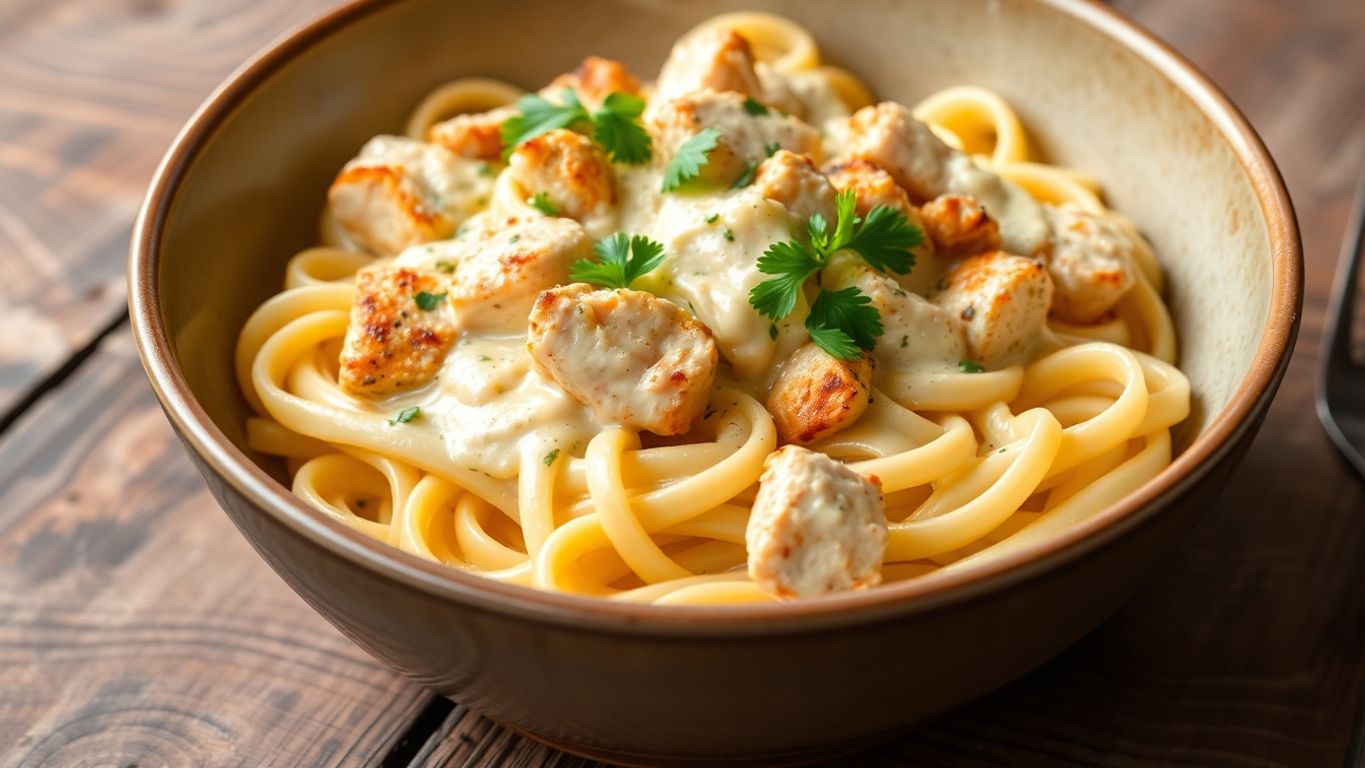 Creamy chicken Alfredo pasta with fettuccine and parsley.