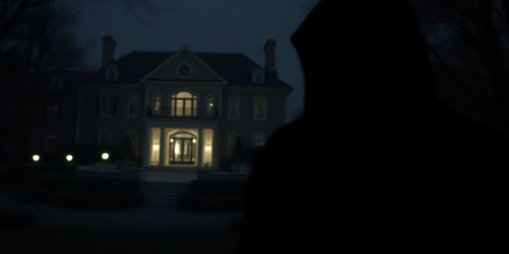 Detective in shadows observing a mansion.