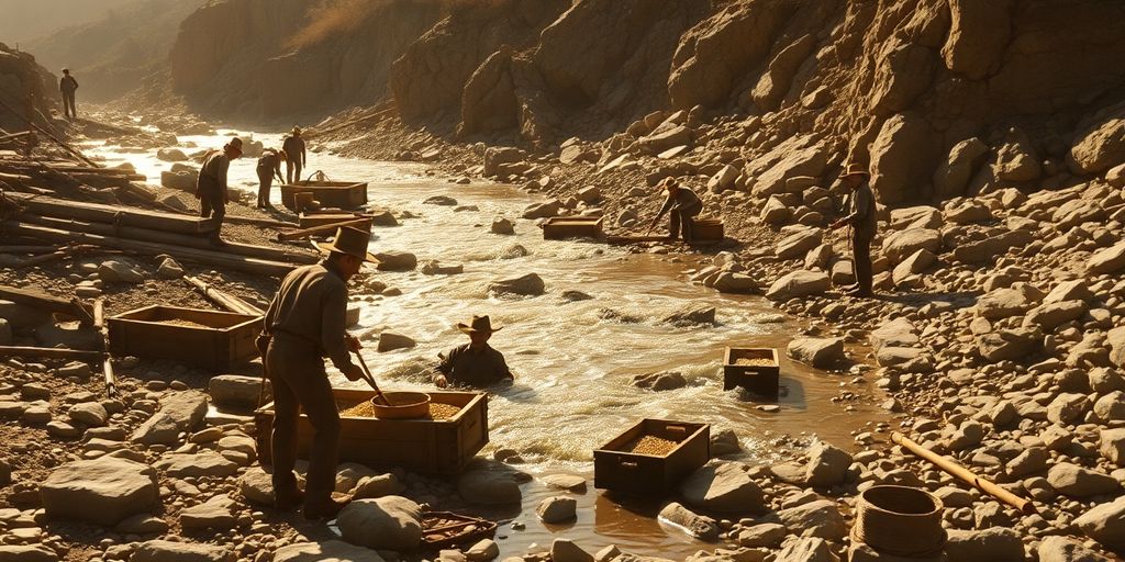 Des chercheurs d'or creusant dans une rivière rocheuse.