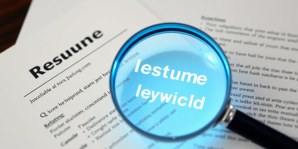Resume, job description, glowing keywords, magnifying glass