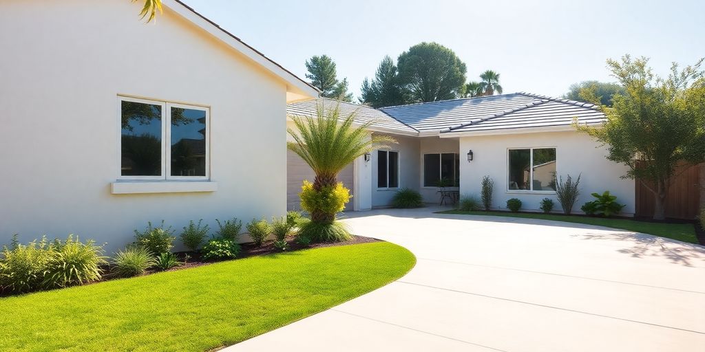 Modern house exterior with manicured lawn.