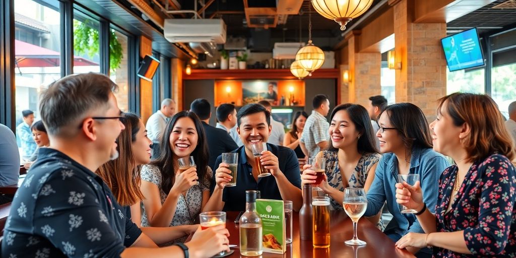 Expats socialising in a café in Singapore.