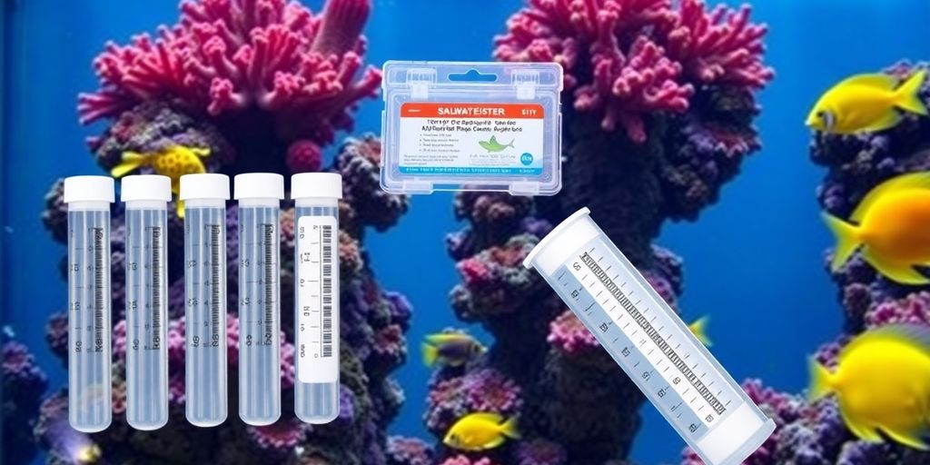 色彩斑斓的盐水水族箱，配有测试工具和海洋生物。