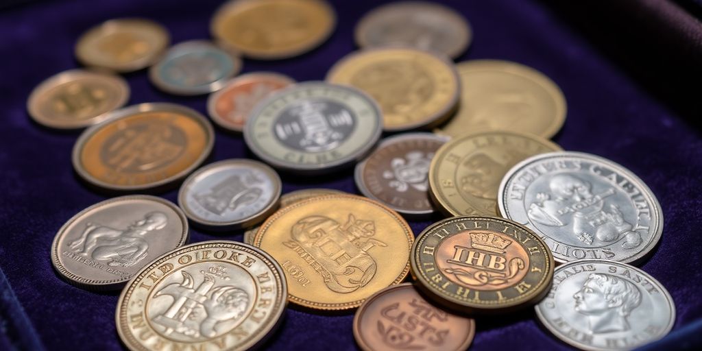 Pièces de monnaie rares sur un tissu en velours.