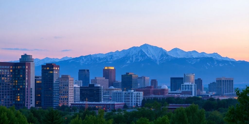 Denver skyline with business district and mountains.