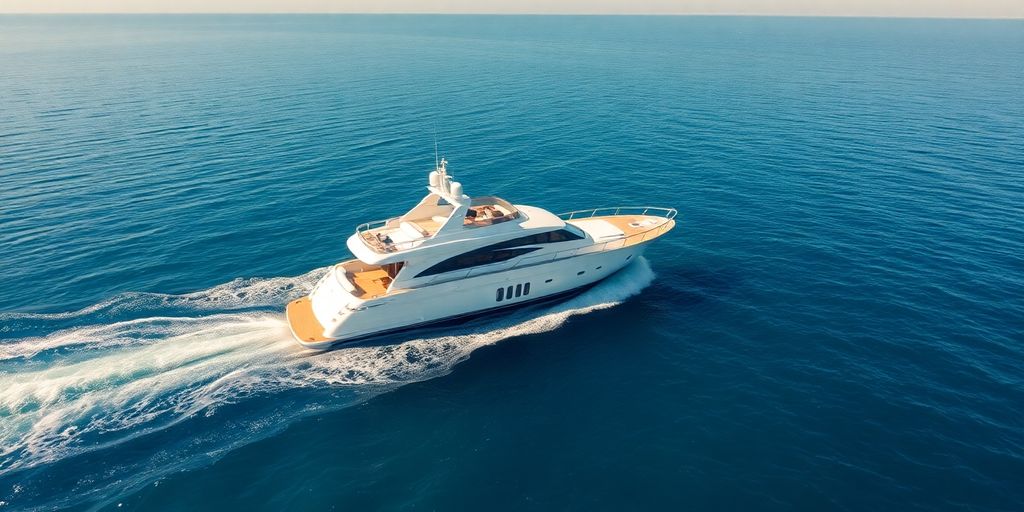 Luxurious yacht sailing on calm, blue water.
