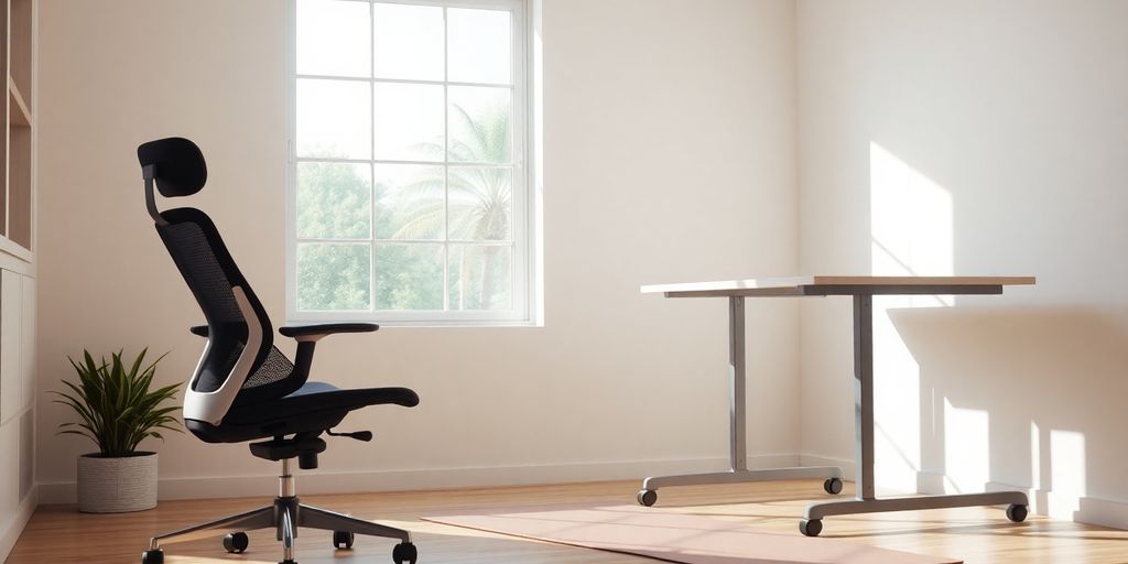Ergonomischer Arbeitsplatz mit Stuhl und Stehpult.