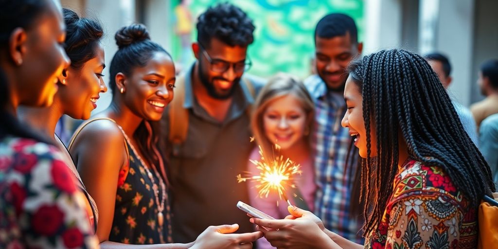 People connecting locally through digital interfaces.