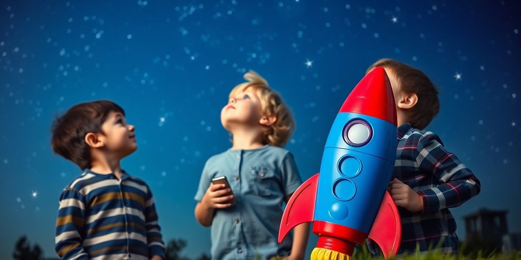 Children gazing at stars with a rocket.