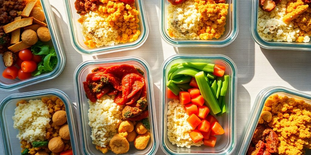 Colorful healthy meal prep containers with dinner portions.