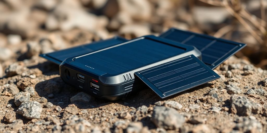 Portable battery with solar panels on rocky ground.
