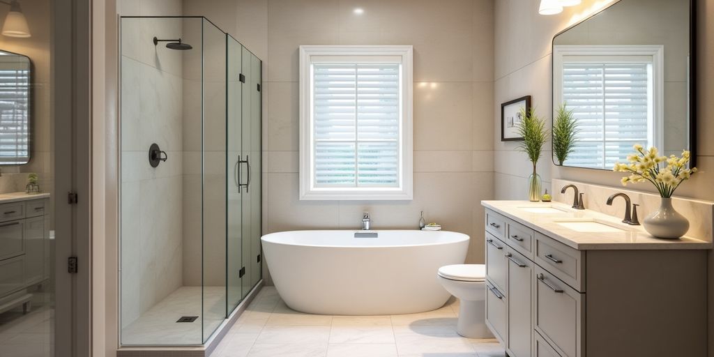Modern bathroom design with sleek fixtures and elegant decor.