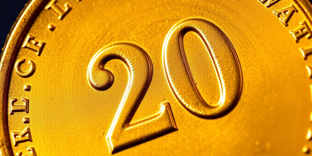 Pièce d'or de 20 dollars avec des détails frappants.