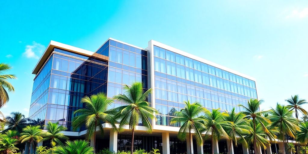 Edifício moderno com palmeiras ao redor.