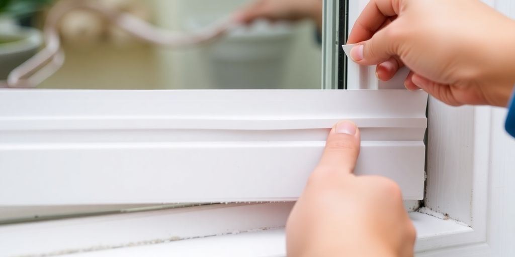 Sealing a drafty window with weather stripping.