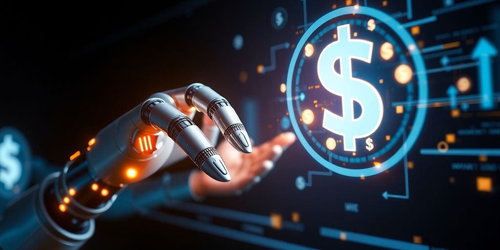 Robot arm manipulating digital currency.