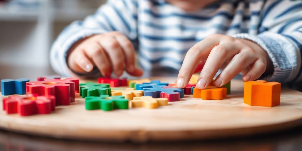 Bambino gioca con giocattoli di abilità.