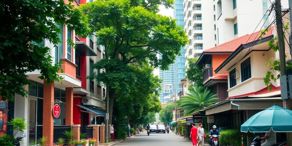 Jakarta street with short-term rental properties and greenery.