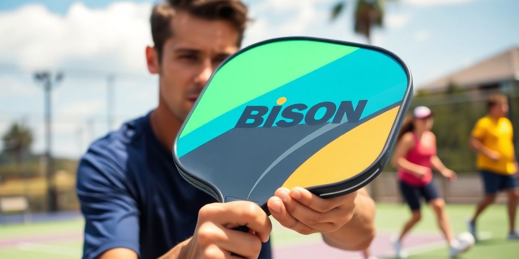 Player using Bison Pickleball Paddle on a sunny court.