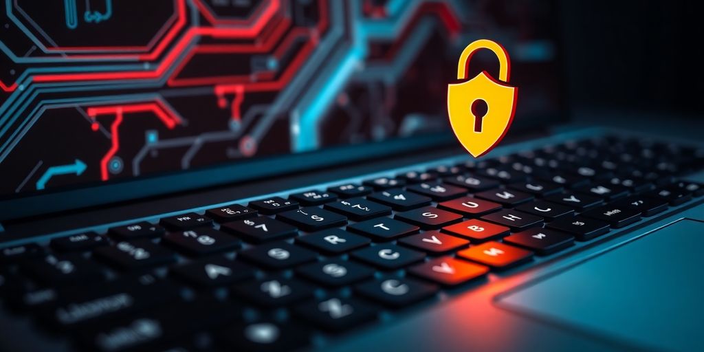 Computer keyboard with security symbols, tech background.