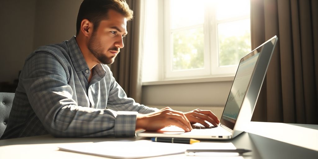 Person studying investing on a laptop, financial charts.