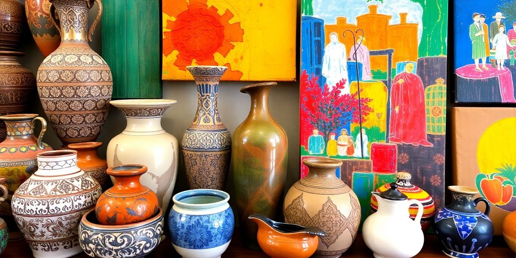 Colorful pottery pieces and vibrant painted canvases.
