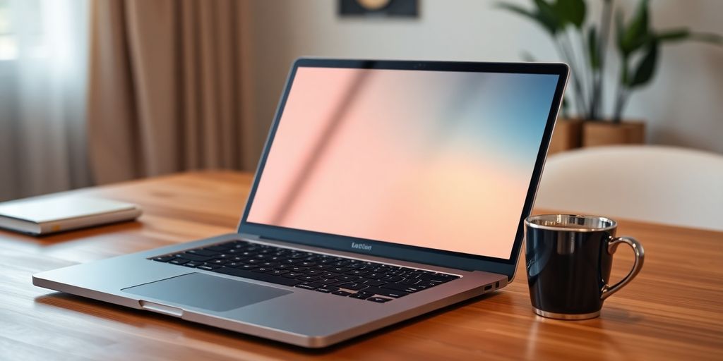 جهاز كمبيوتر محمول أنيق على مكتب خشبي