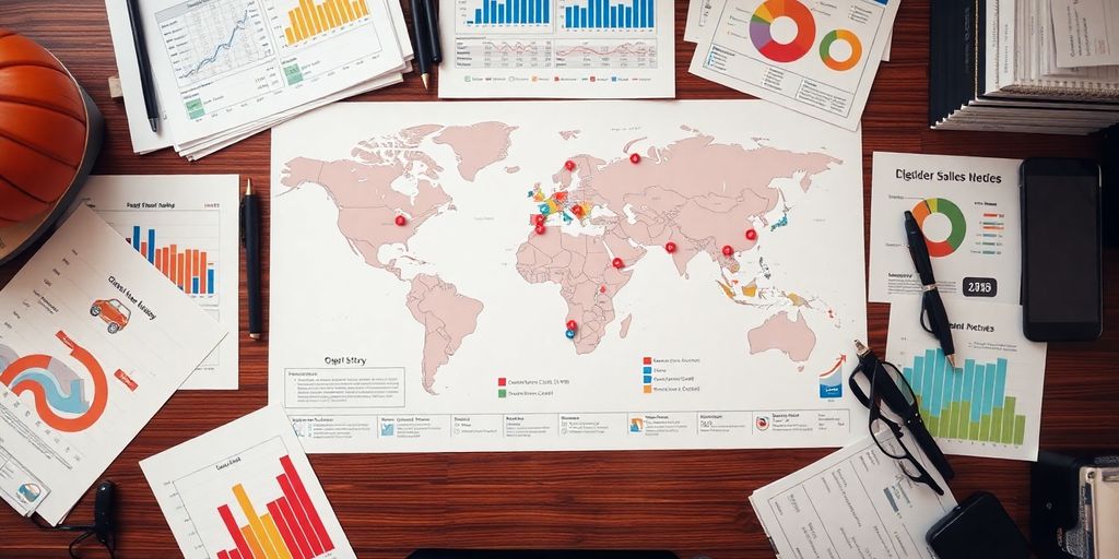 Sales performance visualized with vibrant territory maps and data points.